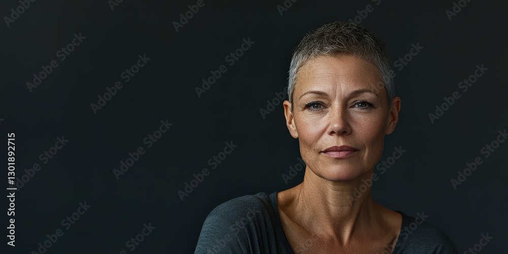 Obraz premium Confident Middle-Aged Woman with Short Hair Against a Dark Background