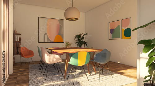 Modern Dining Room Interior with Colorful Chairs and Abstract Art
