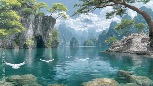 Serene Teal Lake Surrounded by Lush Green Mountains and Birds