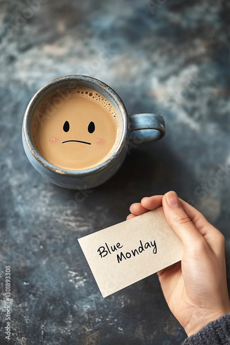 A melancholic coffee cup illustrating the feeling of Blue Monday with a sad face photo