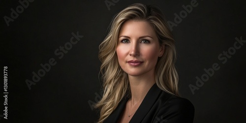 Elegant Portrait of a Confident Woman with Long Blonde Hair Against a Dark Background