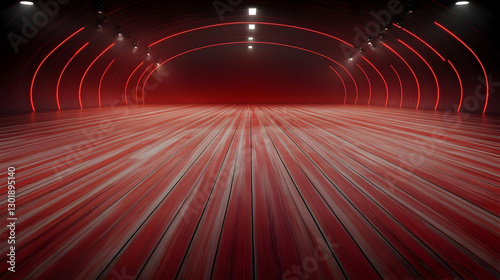 Fototapeta Naklejka Na Ścianę i Meble -  3D Illustration - Red Room, Wood Floor, Neon Lights, Spotlights, Dark Background, Empty Space