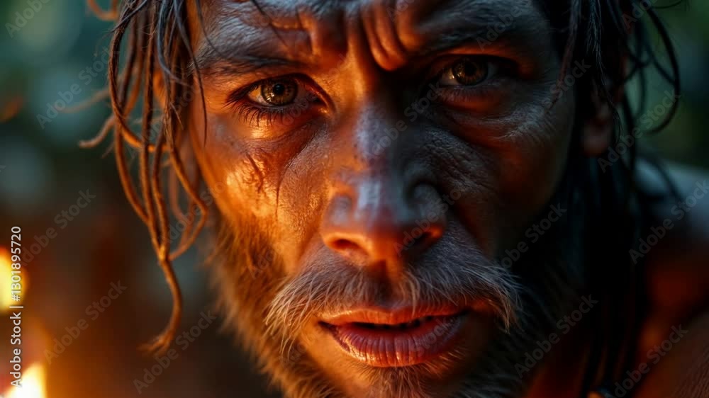 Closeup portrait of a prehistoric hunter man, with blurred background Closeup portrait of a prehistoric hunter man, with blurred background