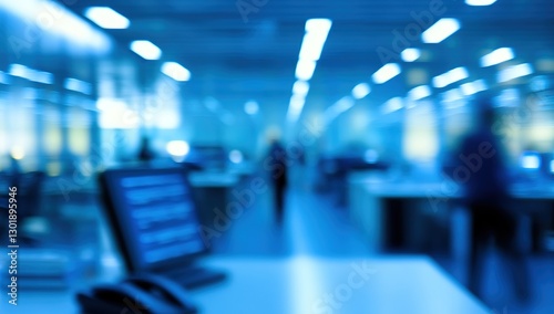 Wallpaper Mural Blurred Blue Office Interior with Desk and Computer Torontodigital.ca