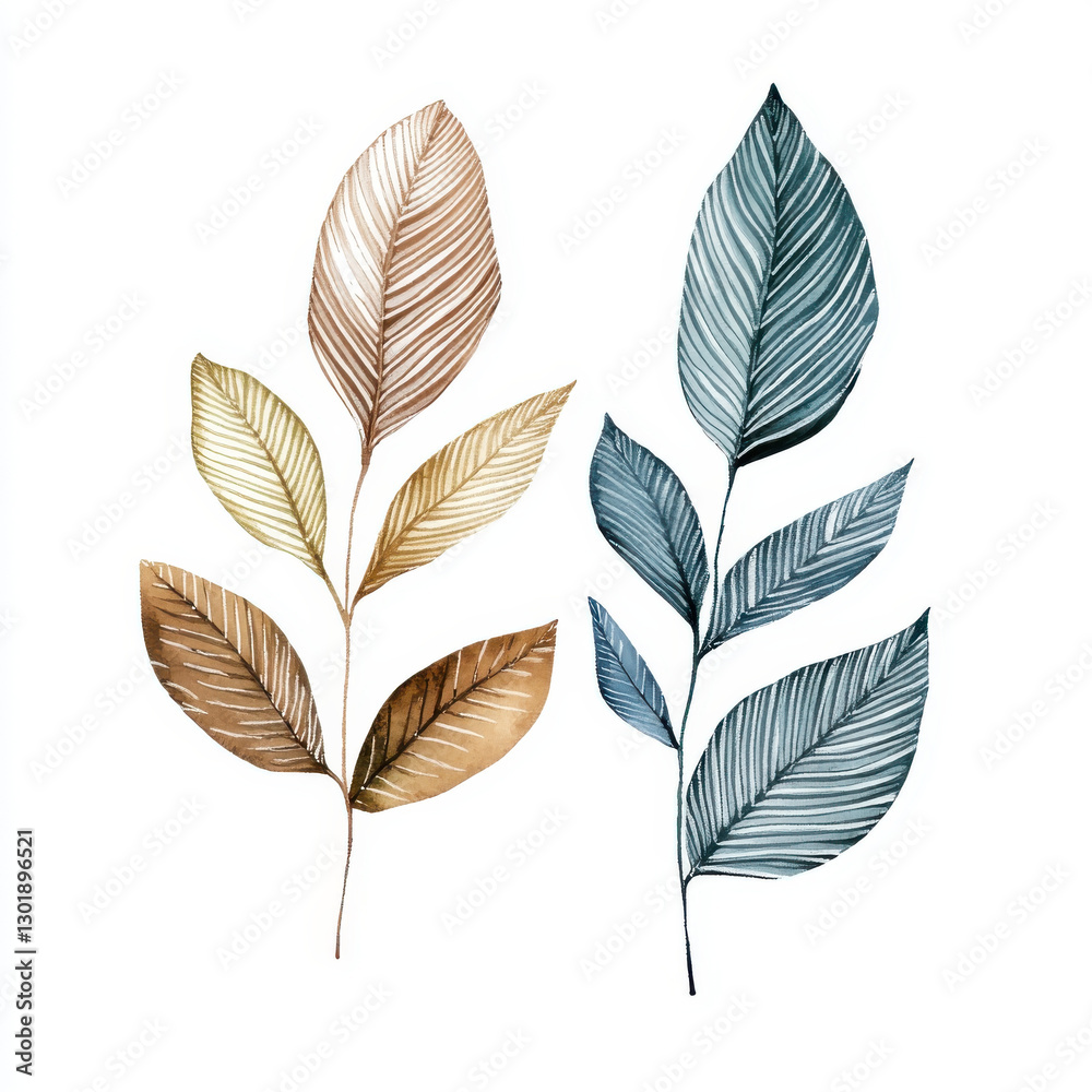 Fototapeta premium Elegant watercolor leaves in earthy tones and cool blues, showcasing nature beauty and diversity. Perfect for botanical themes and decor