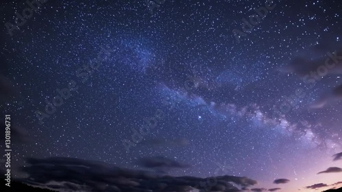Starry night sky with visible milky way and scattered clouds, astronomy exploration