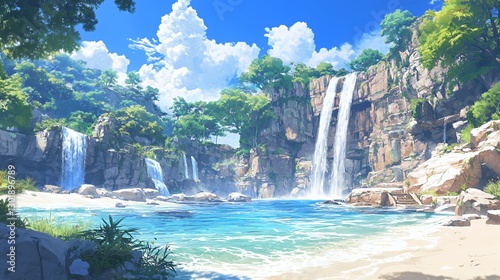 Serene Tropical Waterfall Beach Landscape