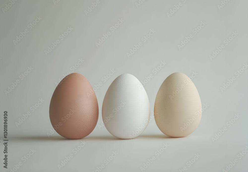 Three Eggs Arranged In A Row Showcasing Varying Shell Colors Three Eggs Arranged In A Row Showcasing Varying Shell Colors