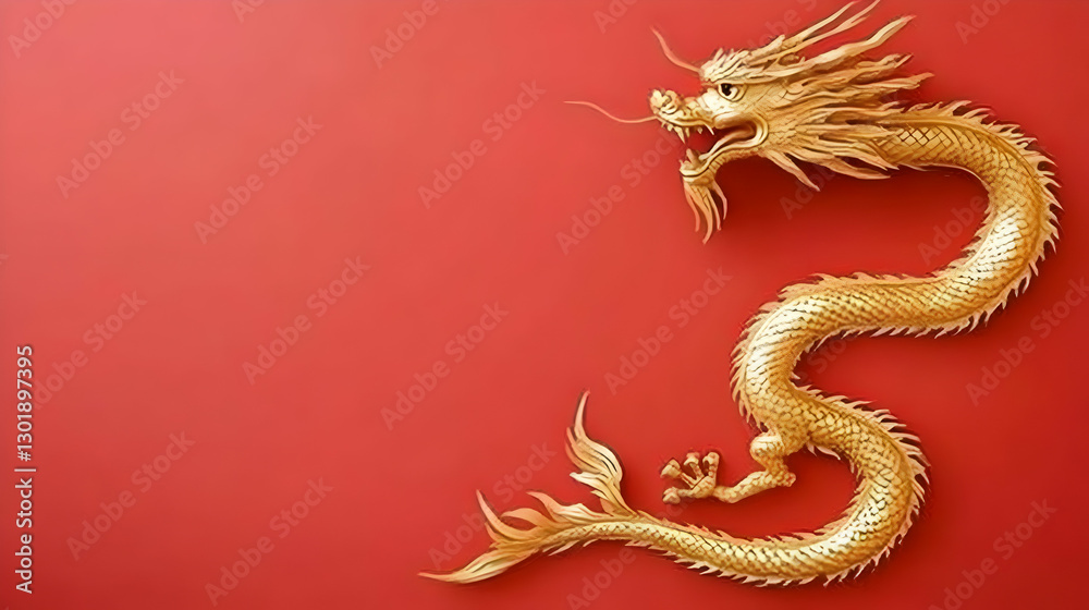 Fototapeta premium Illustration Golden Dragon Red Background Symbol Culture