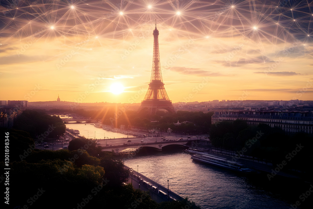 Fototapeta premium Photo - Sunrise Over Cityscape with Network Overlay