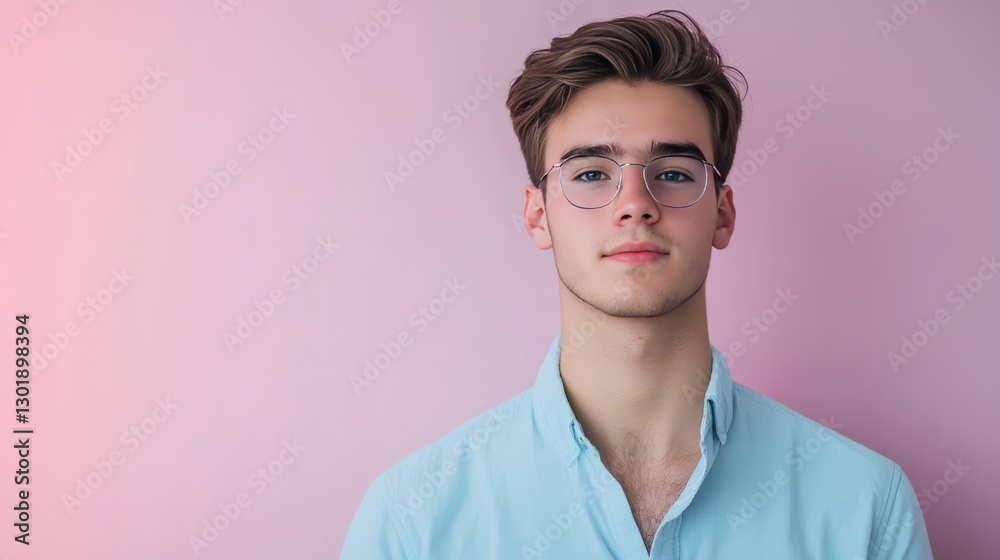 Obraz premium Stylish Young Man with Glasses Against a Soft Pink Background