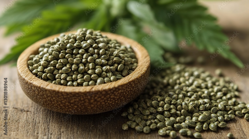 Hemp seeds in wooden bowl on rustic table with leaves Hemp seeds in wooden bowl on rustic table with leaves