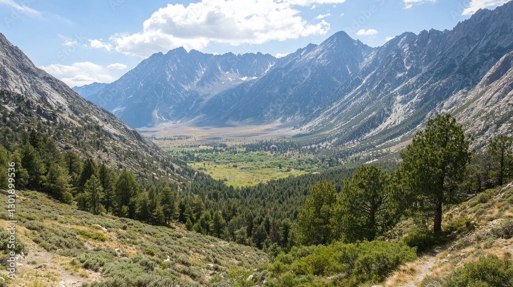Panoramic view of a valley nestled between majestic mountains, lush greenery, and a clear blue sky. Panoramic view of a valley nestled between majestic mountains, lush greenery, and a clear blue sky.