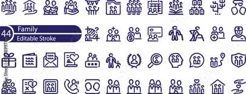 Types of family structures, thin line icon set. Outline symbol collection. Editable vector stroke.