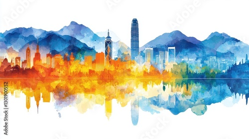 Hong Kong Skyline Watercolor Reflection