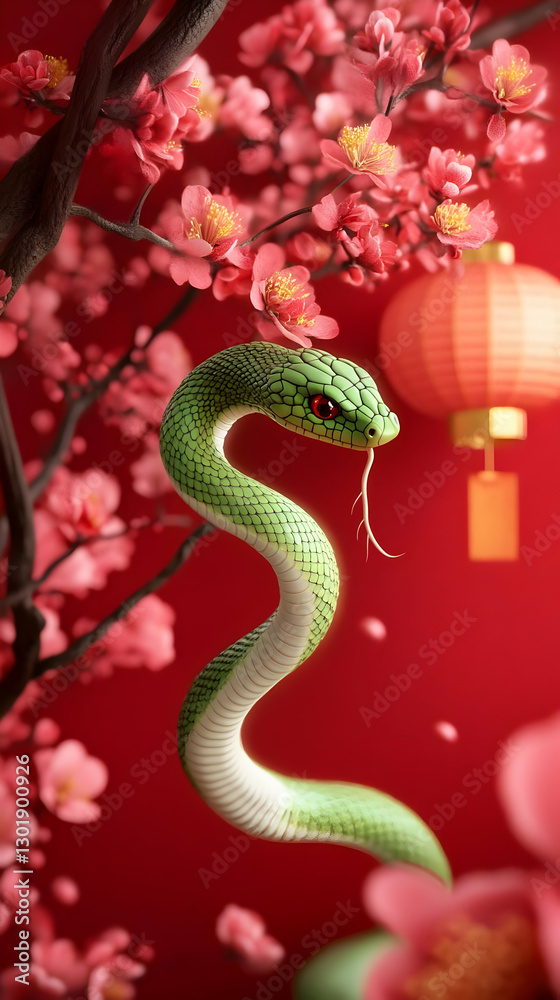 Fototapeta premium 3D Illustration Green Snake, Pink Flowers, Red Lantern