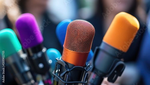 Colorful Microphones Close-up at a Press Conference