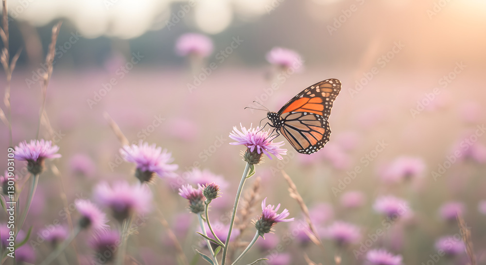 Naklejka premium Beautiful monarch butterfly on purple flowers in soft sunlight meadow art on transparent background