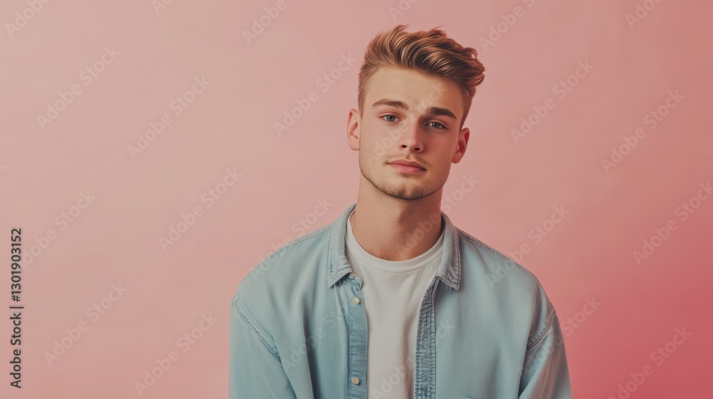 Stylish Young Man Posing Against a Soft Pink Background in Casual Attire