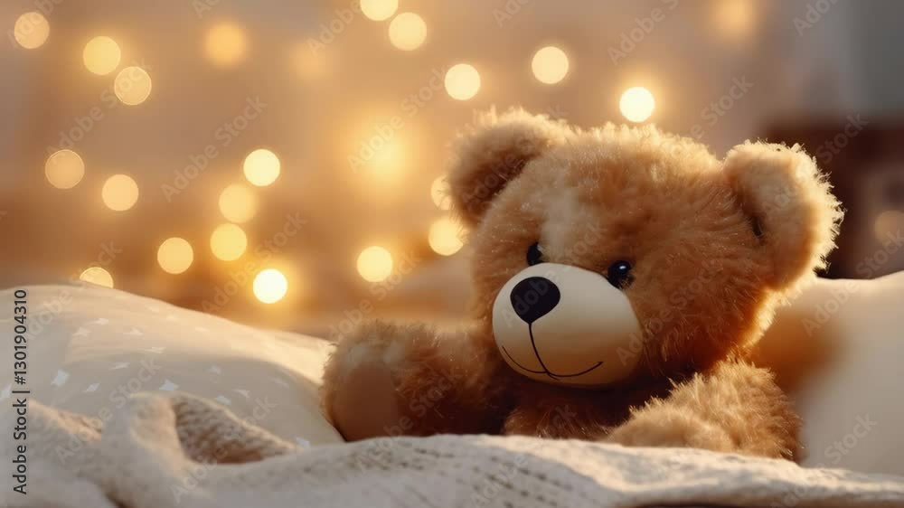 Cozy teddy bear on bed with fairy lights. Soft plush toy for children's bedtime comfort. Christmas gift, Valentine's Day present, birthday surprise. Cozy teddy bear on bed with fairy lights. Soft plush toy for children's bedtime comfort. Christmas gift, Valentine's Day present, birthday surprise.