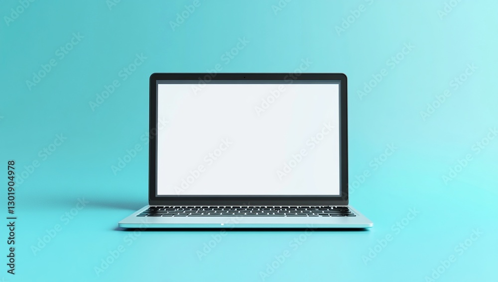 Silver Laptop with Blank White Screen on Blue Background Silver Laptop with Blank White Screen on Blue Background