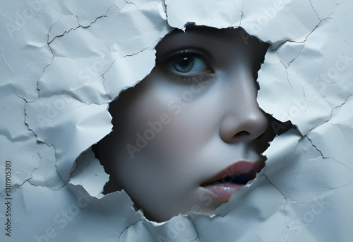 A surreal artistic image of a woman's face breaking through a cracked wall, symbolizing emergence, freedom, and self-discovery. photo