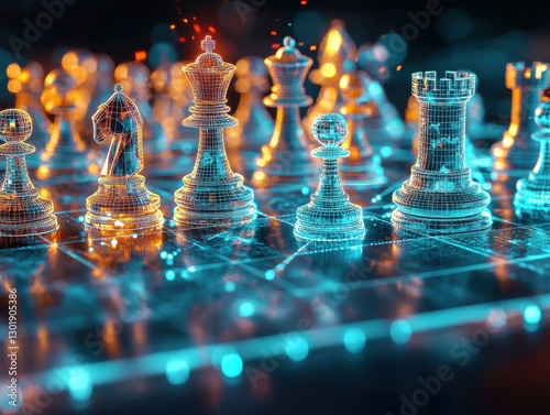 Individual customer strategy depicted as a high-tech chessboard, where each piece represents a tailored solution in vivid digital detail photo