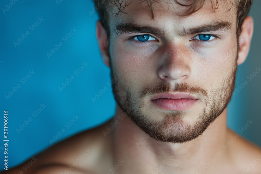 A young caucasian man with blue eyes and a beard looking intensely at the camera, strong facial features with a confident expression against a blue background A young caucasian man with blue eyes and a beard looking intensely at the camera, strong facial features with a confident expression against a blue background