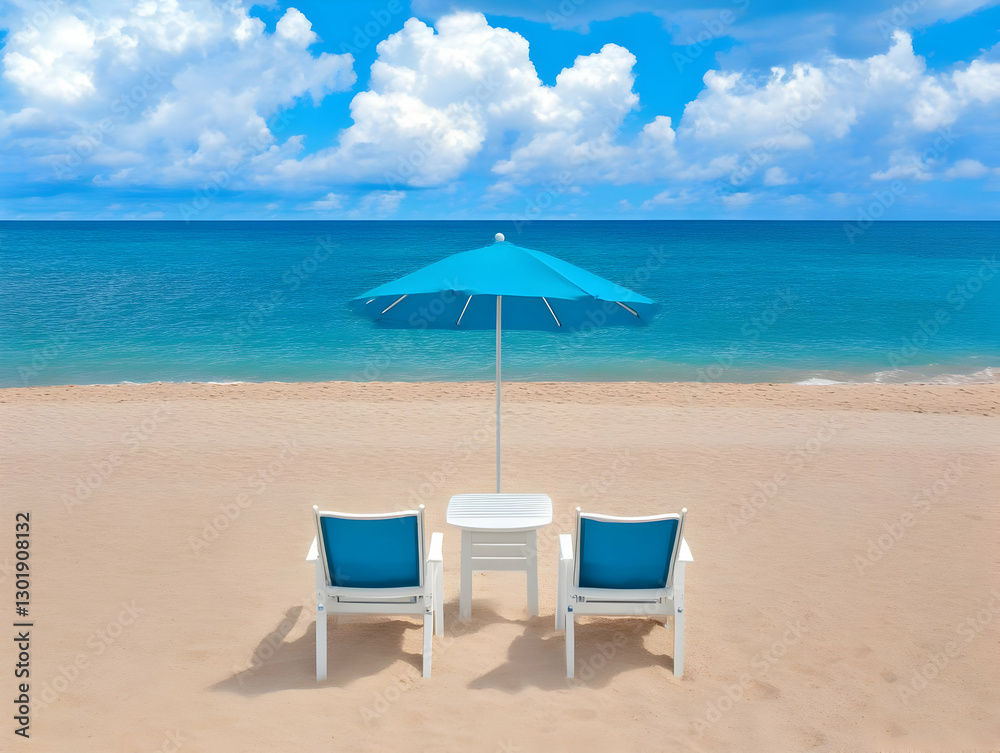 Photo Beach Chairs Umbrella Ocean Sky Clouds Sand Relaxation Photo Beach Chairs Umbrella Ocean Sky Clouds Sand Relaxation