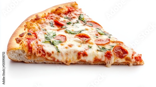 A delicious slice of pizza topped with mozzarella, pepperoni, and fresh basil, showcasing a golden crust and melted cheese.