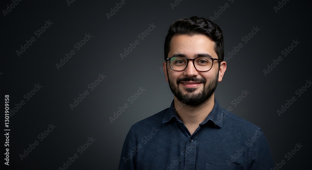 Smiling Man Wearing Glasses Portrait Against Dark Background Perfect for Professional Profile Smiling Man Wearing Glasses Portrait Against Dark Background Perfect for Professional Profile