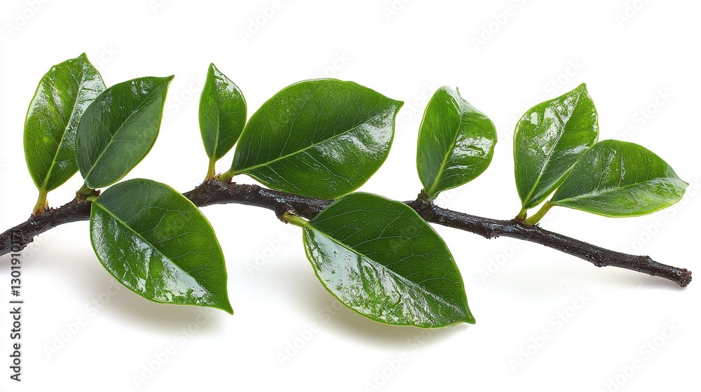 Fototapeta premium Fresh green leaves on branch against white background