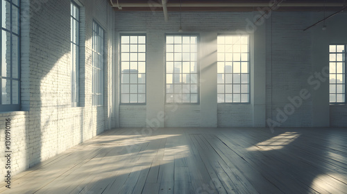 Sunlit Loft Interior Spacious Empty Room with Exposed Brick Walls and Large Windows