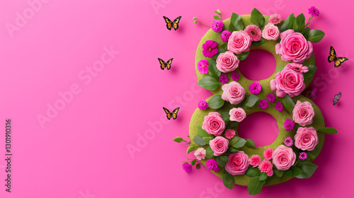 Floral Number Eight made of green moss and adorned with pink roses, blossoms, lush leaves and butterflies. Pink background. March 8, Women’s Day concept.