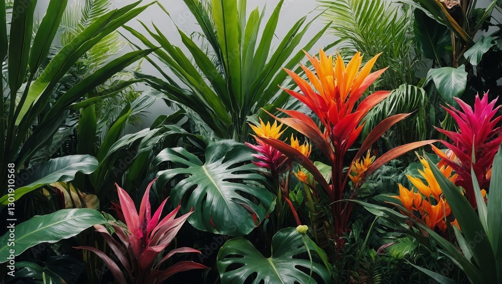 Fototapeta premium Exotic plants in bold rainbow colors. Tropical layout mockup
