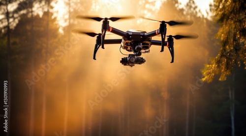 A drone captures stunning aerial views over a forest at sunset, showcasing nature's beauty