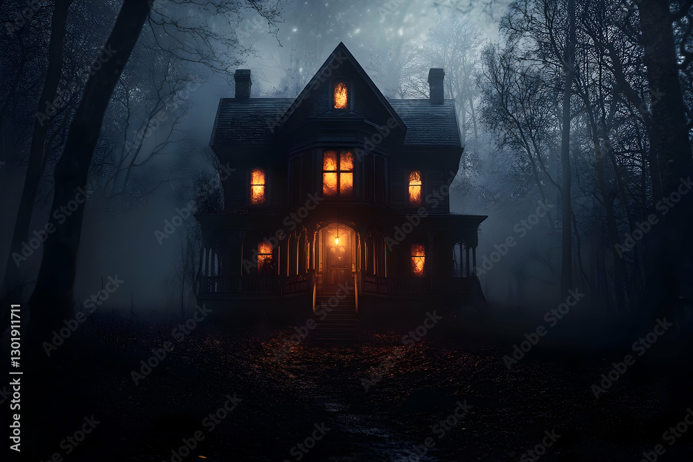 Illustration of Spooky House in Foggy Forest at Night Illustration of Spooky House in Foggy Forest at Night