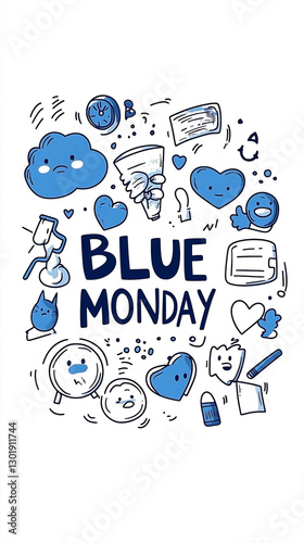 Blue Monday illustration with hand-drawn elements conveying sadness and gloom photo