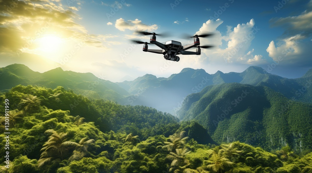 Fototapeta premium A drone soaring above lush green mountains during a vibrant sunset, capturing breathtaking scenery