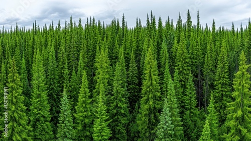 Aerial View of a Dense Evergreen Forest Under a Cloudy Sky