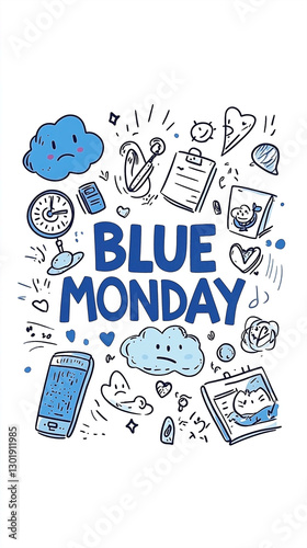 Blue Monday illustration with doodles depicting a gloomy mood and Monday blues feeling photo