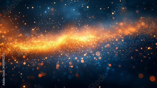 A Celestial River Of Shimmering Gold And Blue Sparks Dances Across A Dark Canvas, Evoking A Sense Of Wonder And Cosmic Magic With Deep Blues And Warm Golden Tones