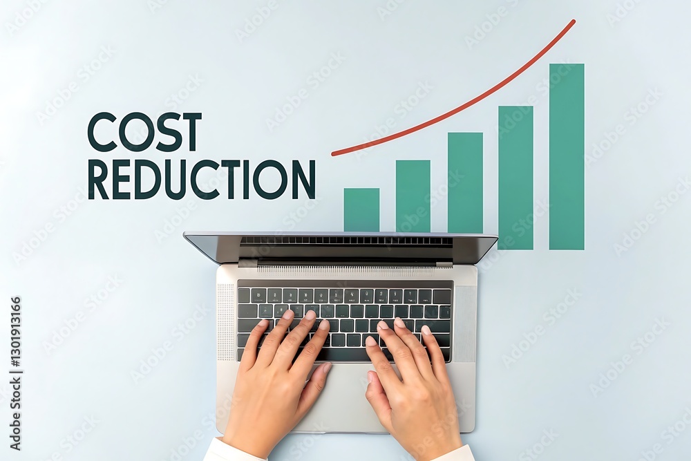 Hands typing on a laptop displaying cost reduction graph with growing chart, financial savings, budget optimization, business strategy. Hands typing on a laptop displaying cost reduction graph with growing chart, financial savings, budget optimization, business strategy.