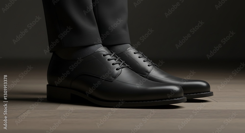 Elegant Leather Dress Shoes with Suit Pants on Wooden Floor Elegant Leather Dress Shoes with Suit Pants on Wooden Floor