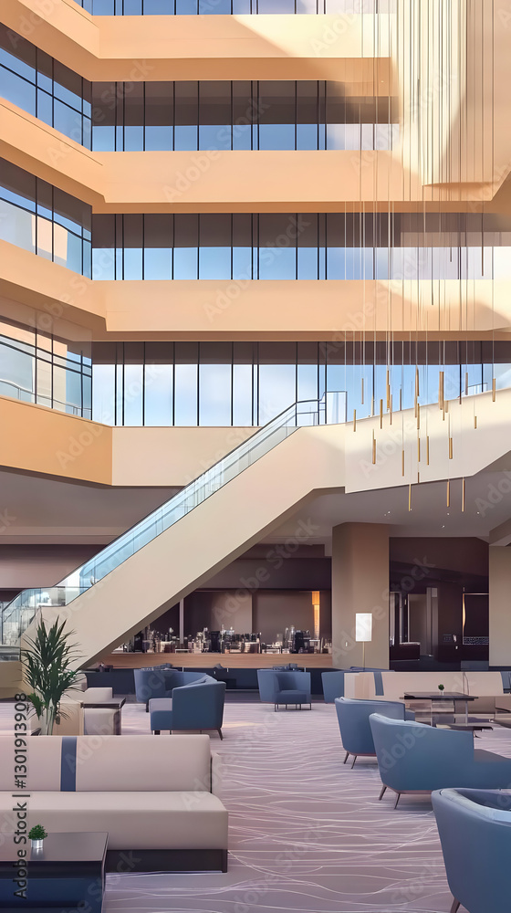 Obraz premium Illustration Modern Hotel Lobby Interior Design, Escalator, Lounge
