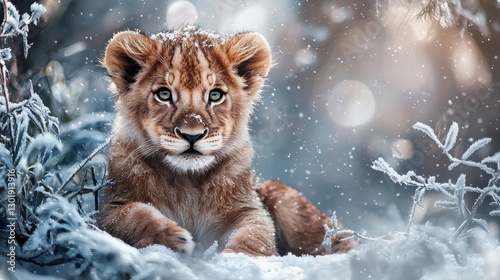Adorable lion cub in snowy winter scene. (1)