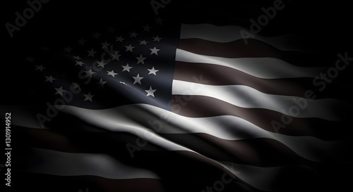 A black and white American flag waving on a black background