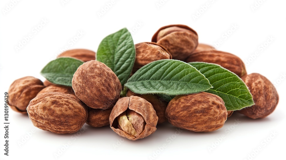 Pile of pistachios with leaves, studio shot on white background. Possible use food packaging, nutrition, health Pile of pistachios with leaves, studio shot on white background. Possible use food packaging, nutrition, health