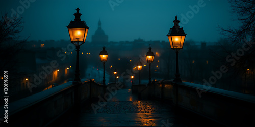Fototapeta Naklejka Na Ścianę i Meble -  Mysterious European street at night with glowing lanterns and wet cobblestone stairs, atmospheric cityscape