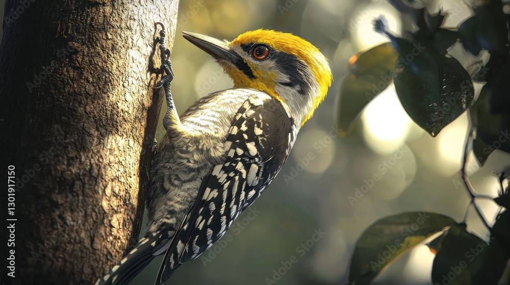 Obraz premium Golden-backed woodpecker clinging to tree trunk.